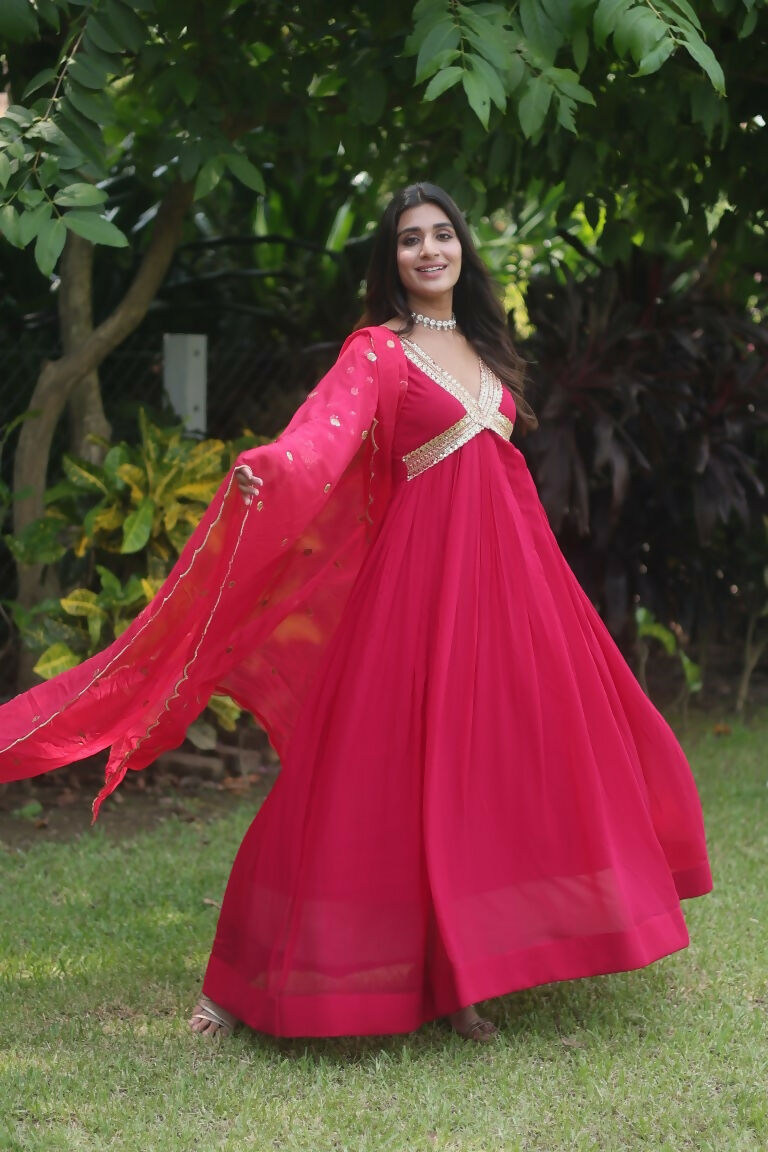 Jyoti Fashion Women's Rani Pink Faux Blooming Sequins Zari Embroidered Anarkali Dress with Dupatta