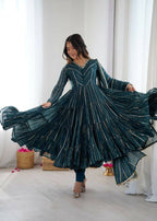Teeya Creation Teal Color Mal Chanderi Silk Hand Embroidery Work Long Gown - Distacart