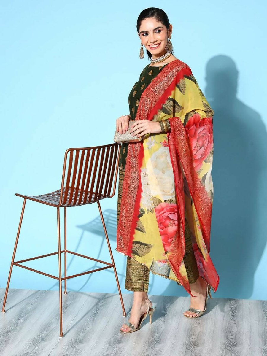 Ahalyaa Women's Olive Colour Poly Silk Gold Printed Kurta Pant Set With Dupatta - Distacart