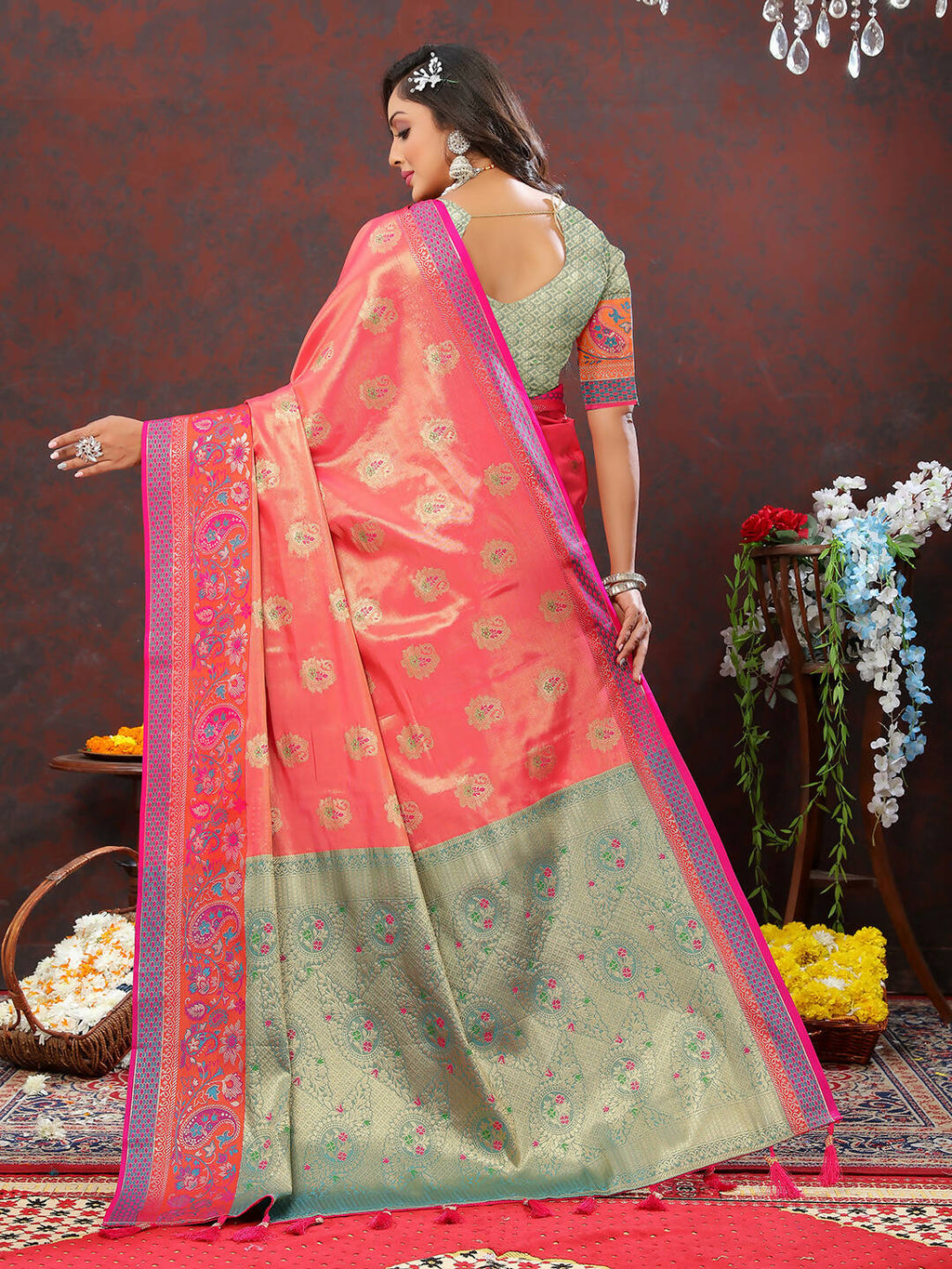 Lorenvalley Fashion Peach Kanjivaram Silk Woven Design with Zari Weaving Saree