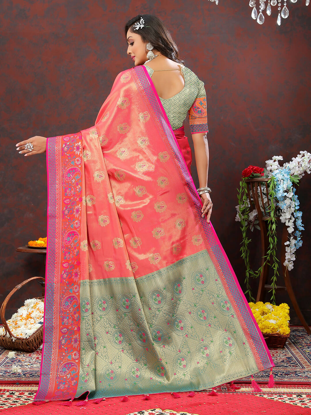 Lorenvalley Fashion Peach Kanjivaram Silk Woven Design with Zari Weaving Saree