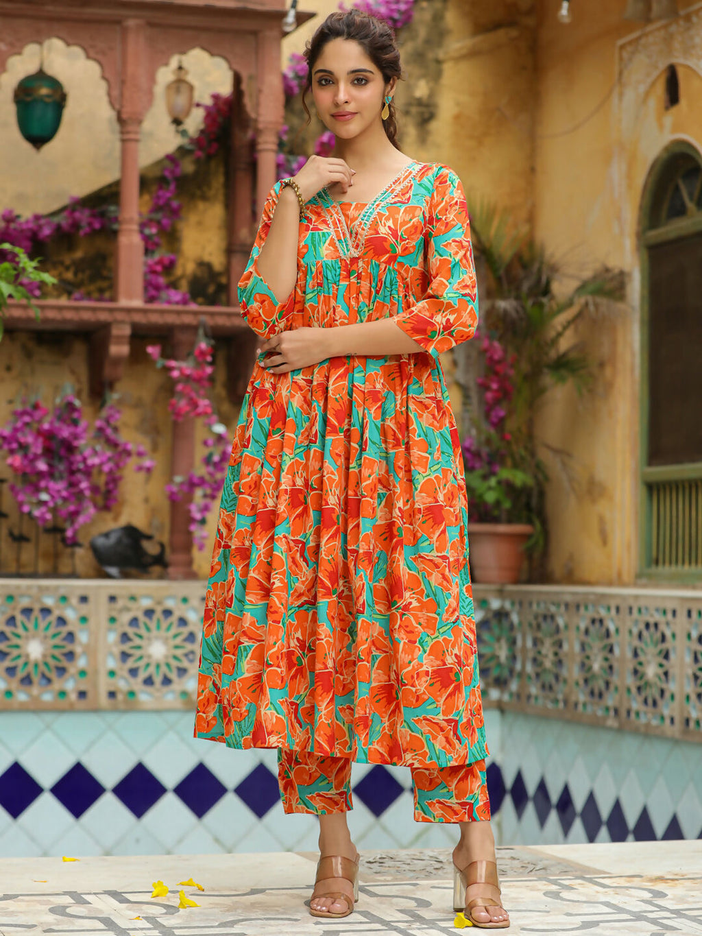 Janasya Orange Cotton Floral Kurta & Bottom