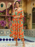 Janasya Orange Cotton Floral Kurta & Bottom