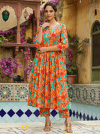 Janasya Orange Cotton Floral Kurta & Bottom