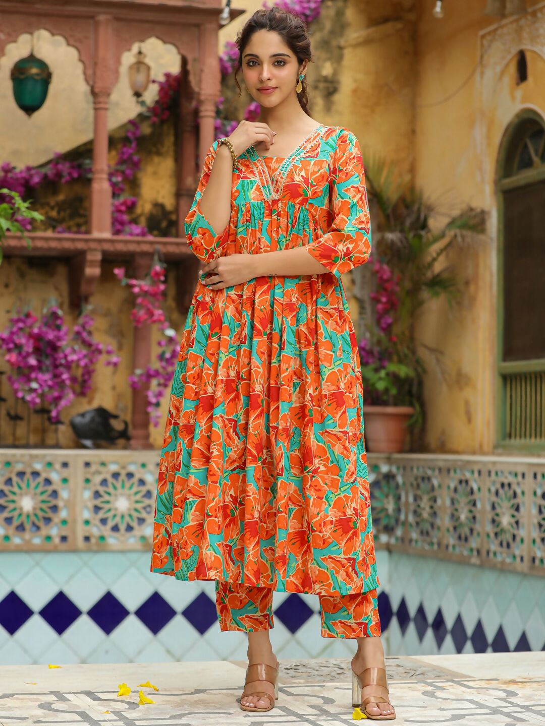 Janasya Orange Cotton Floral Kurta & Bottom