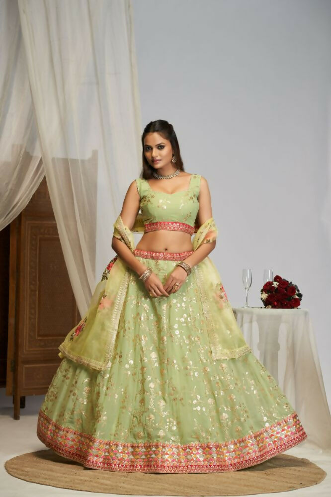 Pista Green Floral Georgette Sequence Work Lehenga Choli - Jihu Culture