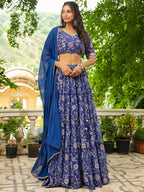 Janasya Blue Georgette Floral Lehenga Choli Dupatta