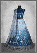 Blue Net Floral Sequins And Cord Embroidery, Cut Work Semi-Stitched Lehenga Choli - Nimaya Kangan