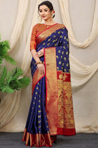 Jyoti Fashion Women's Navy Blue Banarasi Silk Zari Woven Saree with Blouse