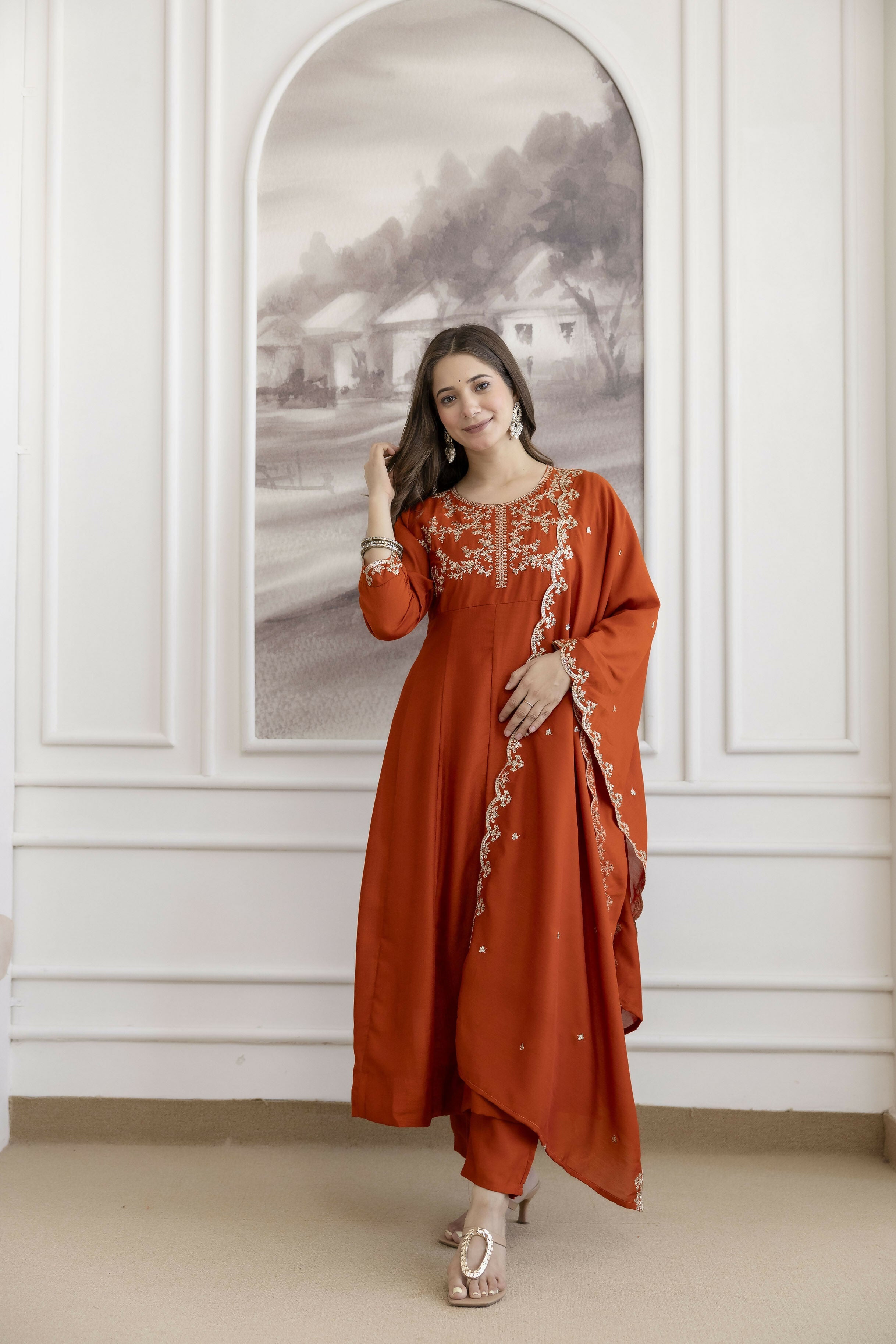 The52 Orange Women's Beautiful Vichitra Silk Fabric Embroidered Work Flared Anarkali Pant and Dupatta Set - Distacart