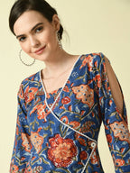 Myshka Women's Blue Floral Printed A-Line Dress - Distacart