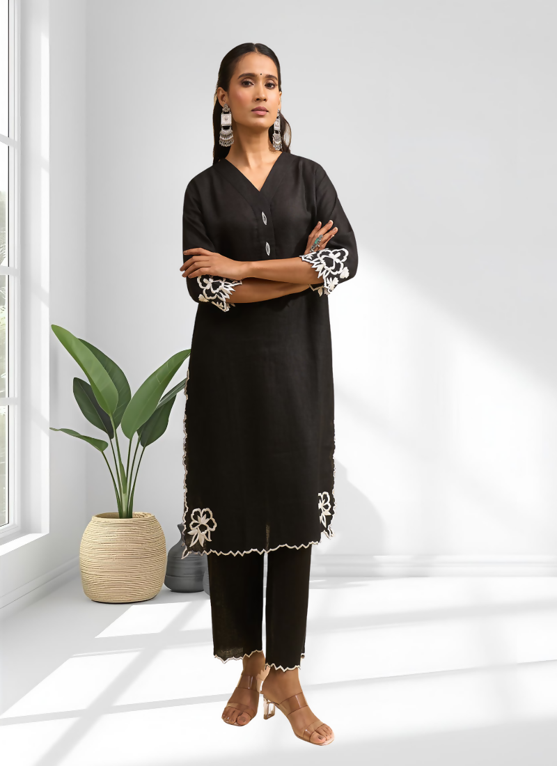 Joban Fashion Black Linen Embroidered Readymade Long Kurta With Pant - Distacart
