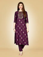 Jyoti Fashion Women's Wine Viscose Rayon Embroidered Kurta Pant Set