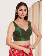 Joban Fashion Dark Green Mulberry Silk Padded Blouse With Round Neck Sleeveless - Distacart