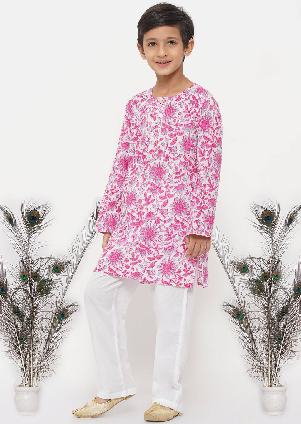 Little Bansi Boys Cotton Floral Kurta with Pearl Buttons & Pyjama in Pink & Cream