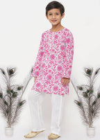 Little Bansi Boys Cotton Floral Kurta with Pearl Buttons & Pyjama in Pink & Cream