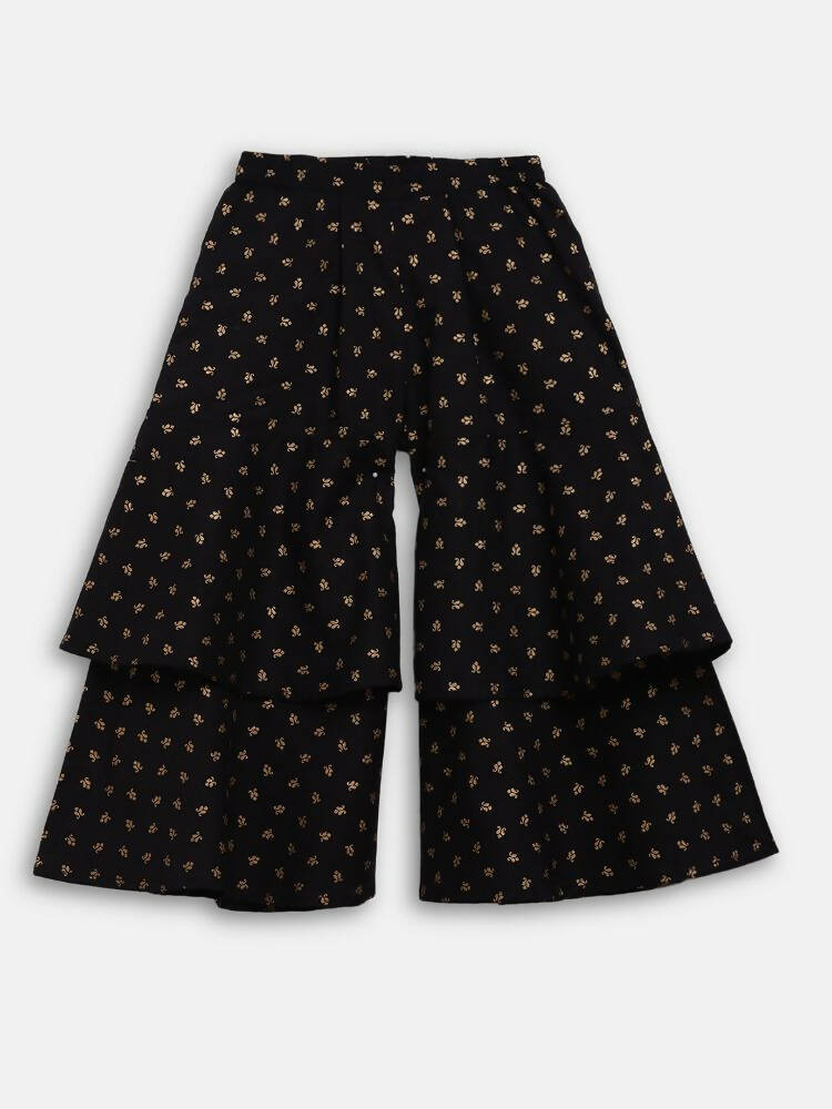 Ahalyaa Black Cotton Gold Print Kids Kurta Sharara Sets For Girls