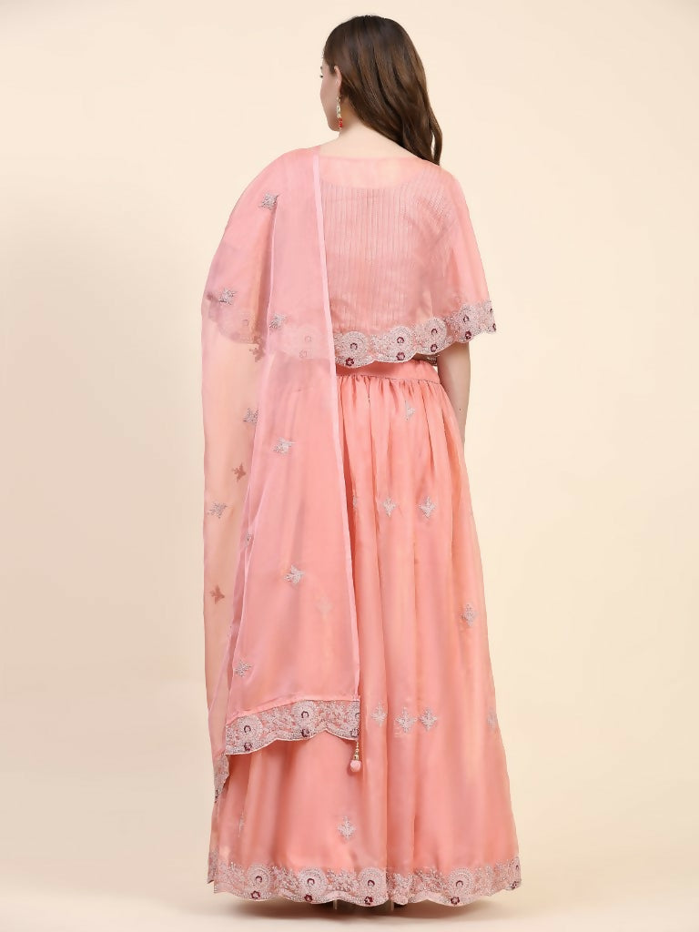 Peach Silk Embroidered Poncho Pattern Top & Lehenga with Dupatta - Tanya