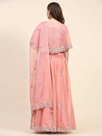 Peach Silk Embroidered Poncho Pattern Top & Lehenga with Dupatta - Tanya