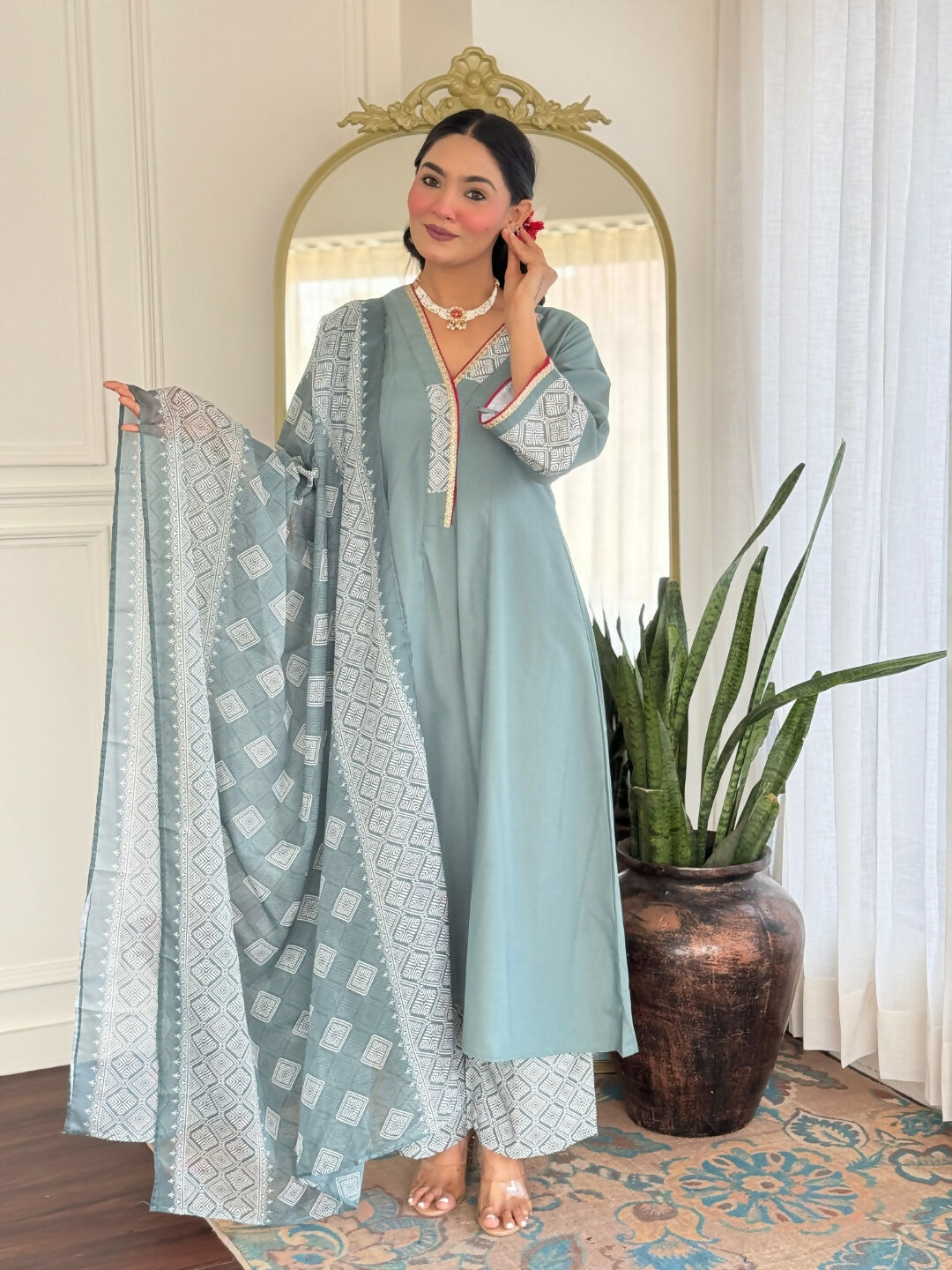 The52 Women's Beautiful Rayon Fabric Embroidery Work A-Line Kurta Pant and Dupatta Set - Distacart