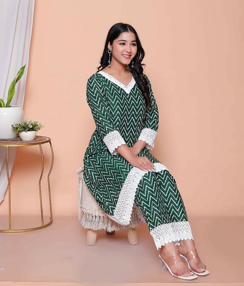 Miravan Womens Green Rayon Zigzag Print Kurta With Palazzo Set - Distacart