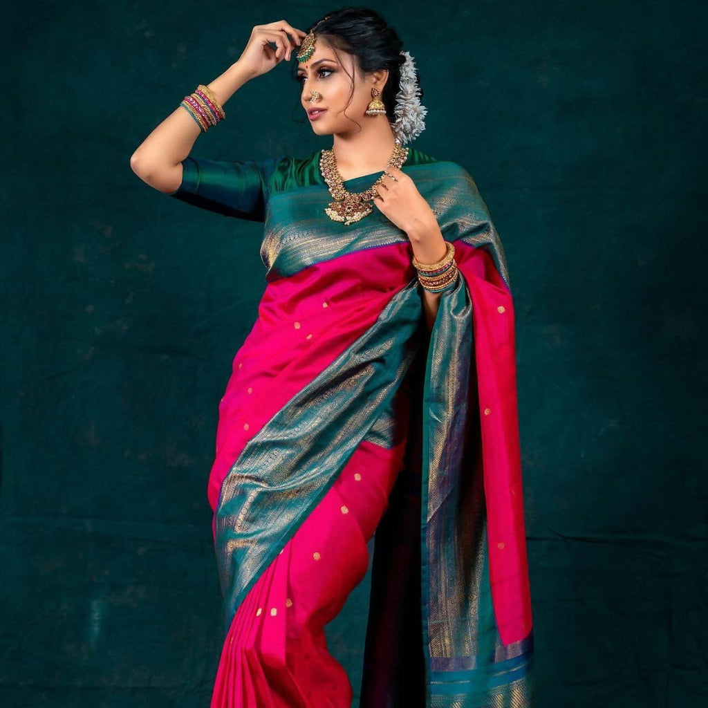 DEIANA'S Beautiful Designer Golden zari Soft Lichi Silk Saree - Pink