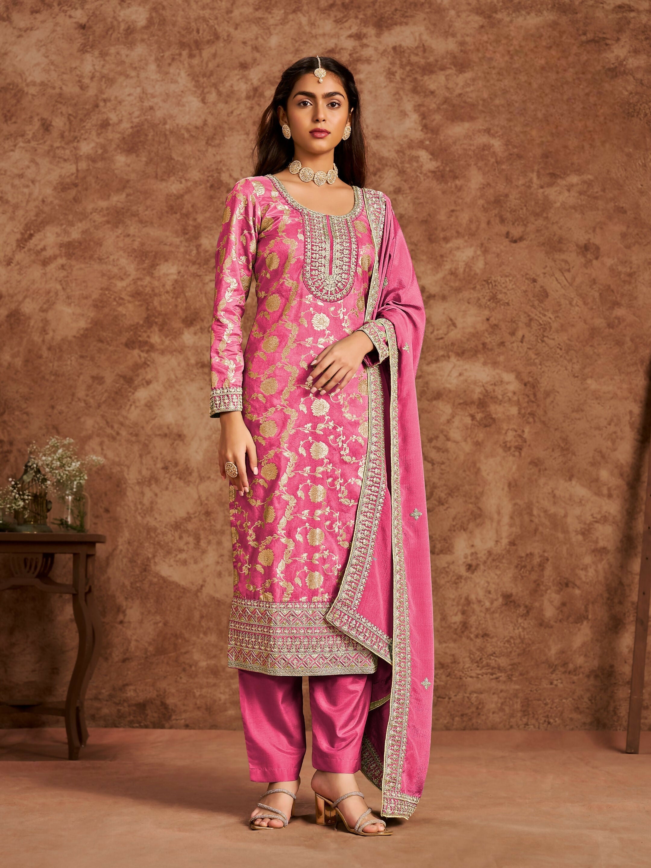 Anaita Pink Premium Dolla Jacquard Embroidered Stitched Salwar Suit - Distacart