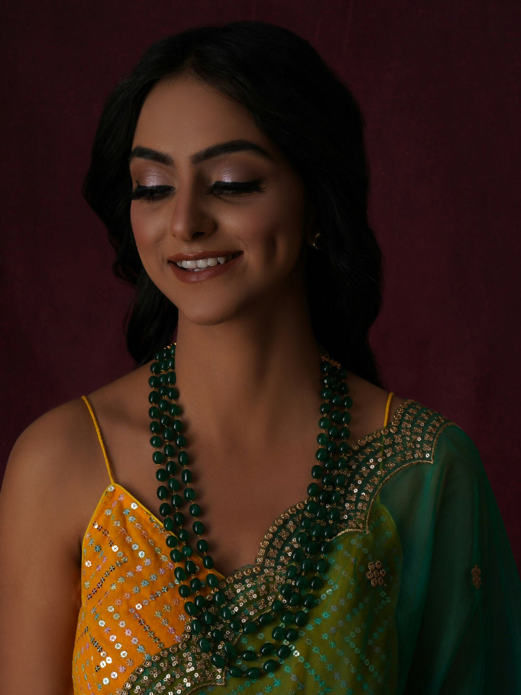 Long Layered Green Neckpiece wtih Kundan Studs Jewellery Set (Green) - Ruby Raang