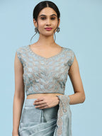 Sky Blue Silk Satin Plain Ready to wear Saree with stitched Blouse - Vrinda