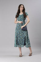 Souchii Teal & Blue Floral Printed Fit & Flare Dress