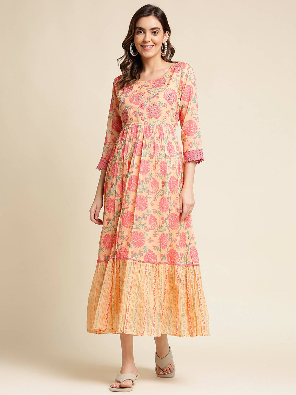 Peach Cotton Floral Printed Fit & Flare Dress - Yukti - Distacart