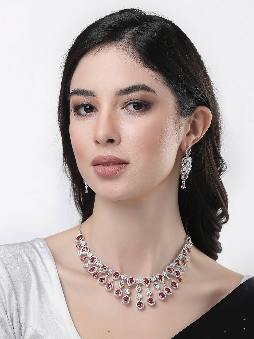 NVR Women Silver Plated & Maroon Cz Stone Handcrafted Jewellery Set