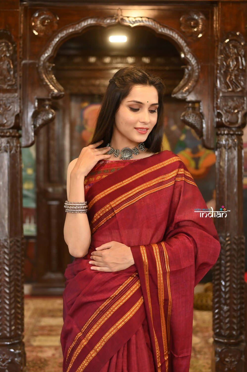 Very Much Indian Handloom Cotton Viscose Ilkal Saree Bright Maroon With Red Border - Distacart
