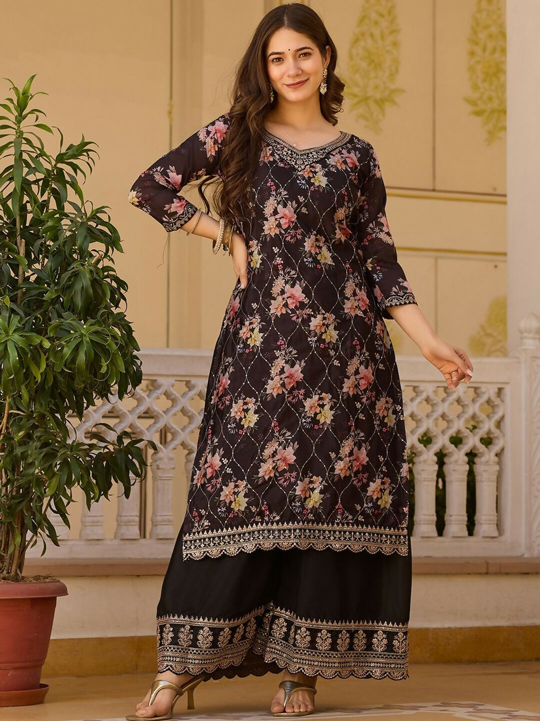 The52 Black Women's Gorgeous Embroidered Chinon Fabric Straight Kurta Palazzo and Dupatta Set - Distacart