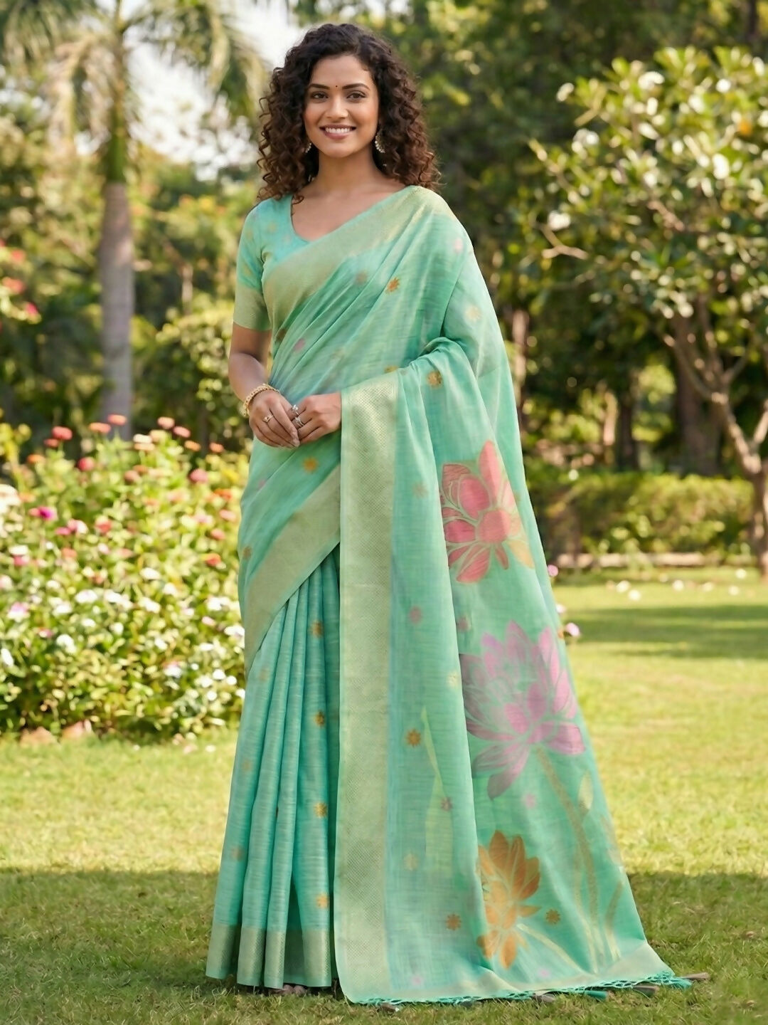 Shree Shyam Fashion Sea Green Linen Cotton Saree - Distacart