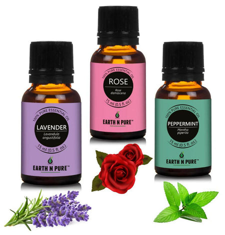Earth N Pure Essential Oils (Lavender, Peppermint & Rose) Combo