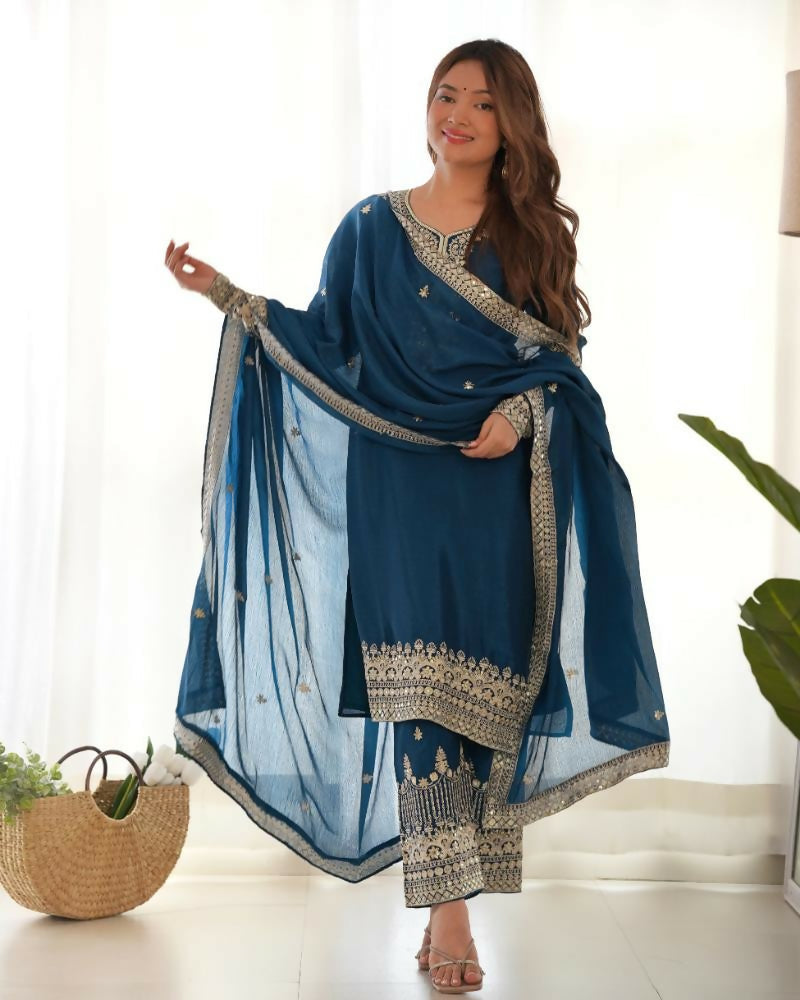 Lehenga Mart Designer Salwar Suit With Kurta, Pant, Dupatta For Women-Teal - Distacart