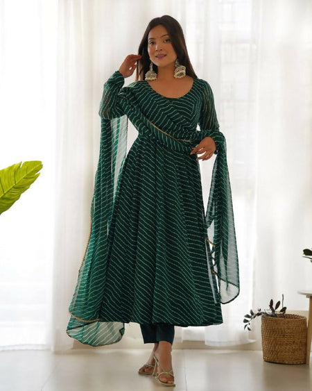 Lehenga Mart Designer Anarkali Suit With Kurta, Pant, Dupatta For Women-Bottle Green