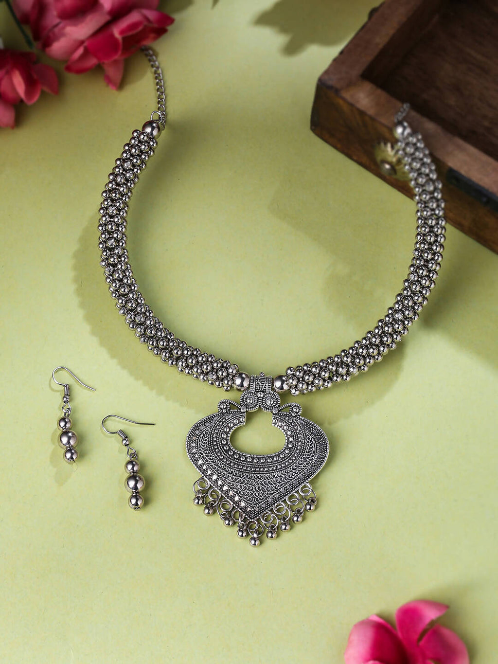 NVR Women Silver Toned Oxidised Jewellery Set