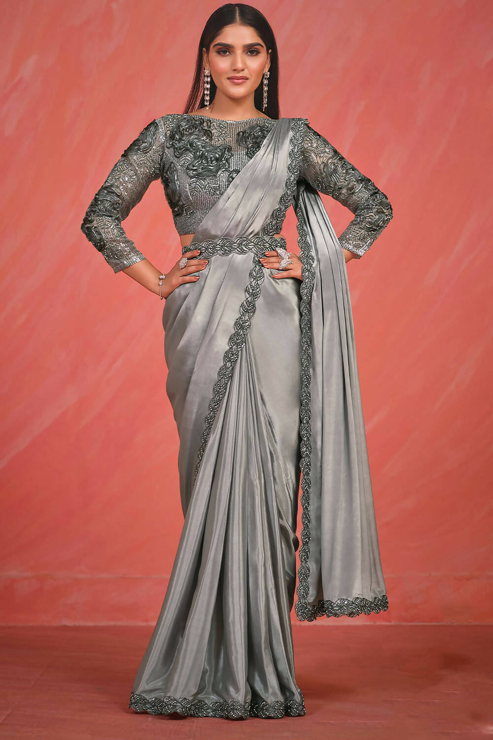 Silver Grey Crepe Silk Satin Cord & Sequence Embroidery with Thread & Stone Work Saree With Stitched Blouse - Mohmanthan Elegancia