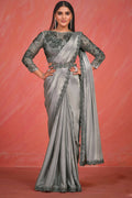 Silver Grey Crepe Silk Satin Cord & Sequence Embroidery with Thread & Stone Work Saree With Stitched Blouse - Mohmanthan Elegancia