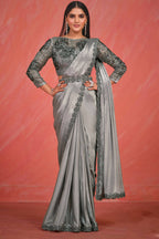 Silver Grey Crepe Silk Satin Cord & Sequence Embroidery with Thread & Stone Work Saree With Stitched Blouse - Mohmanthan Elegancia