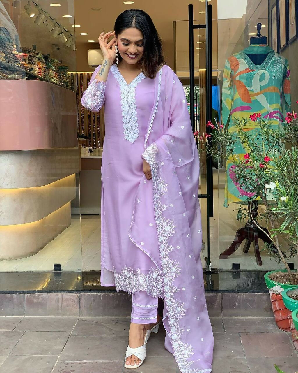 The52 Lavender Women's Gorgeous Embroidered Georgette Fabric Straight Kurta Pant with Dupatta Set - Distacart