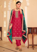 Dazzling Red Embroidered Chinnon Palazzo Salwar Kurta - Emponline