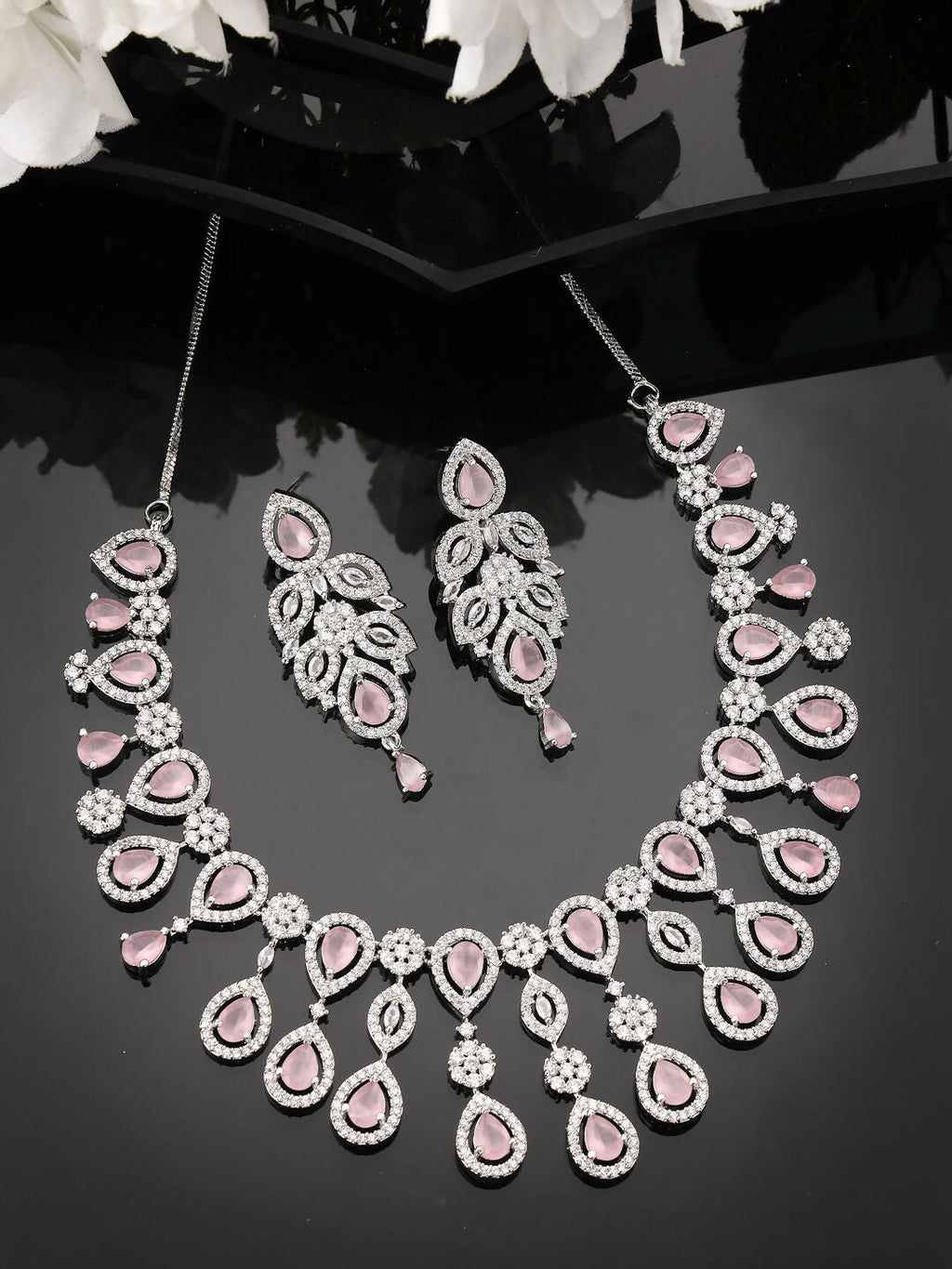 NVR Women's silver plated & Pink CZ stone handcrafted jewellery set