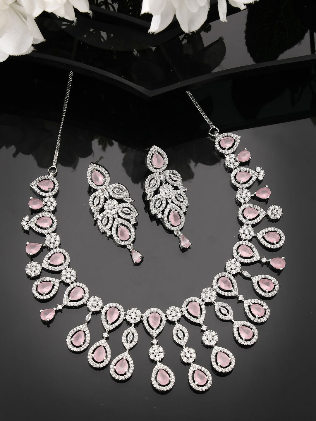 NVR Women's silver plated & Pink CZ stone handcrafted jewellery set