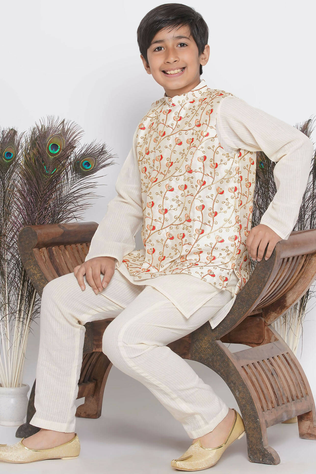 Little Bansi Banarsi Red Tulip Embroidery Jacket with Cotton Kantha kurta and Kantha Pyjama - Cream