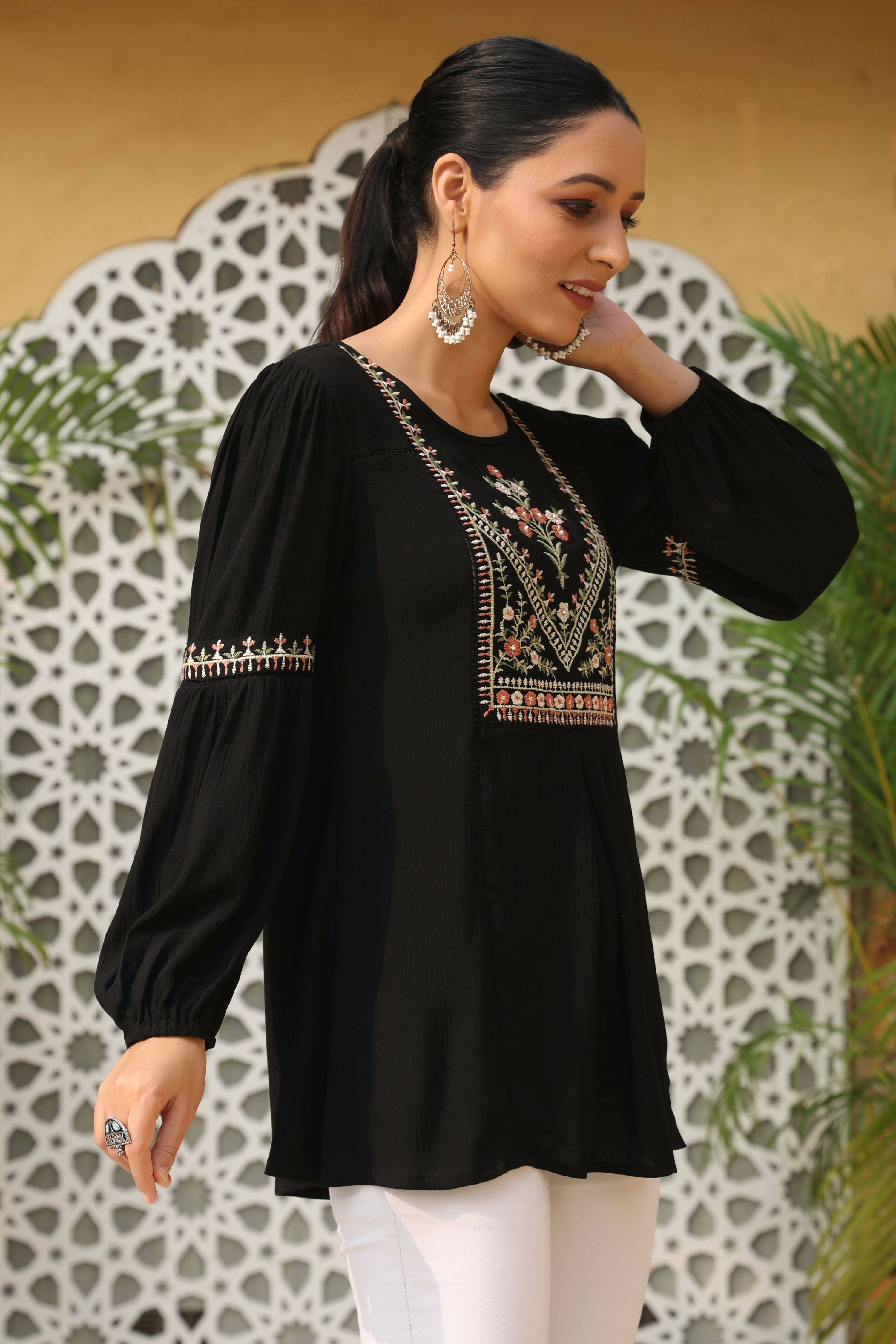 Juniper Women's Black Rayon Crepe Solid With Embroidery Straight Tunic - Distacart