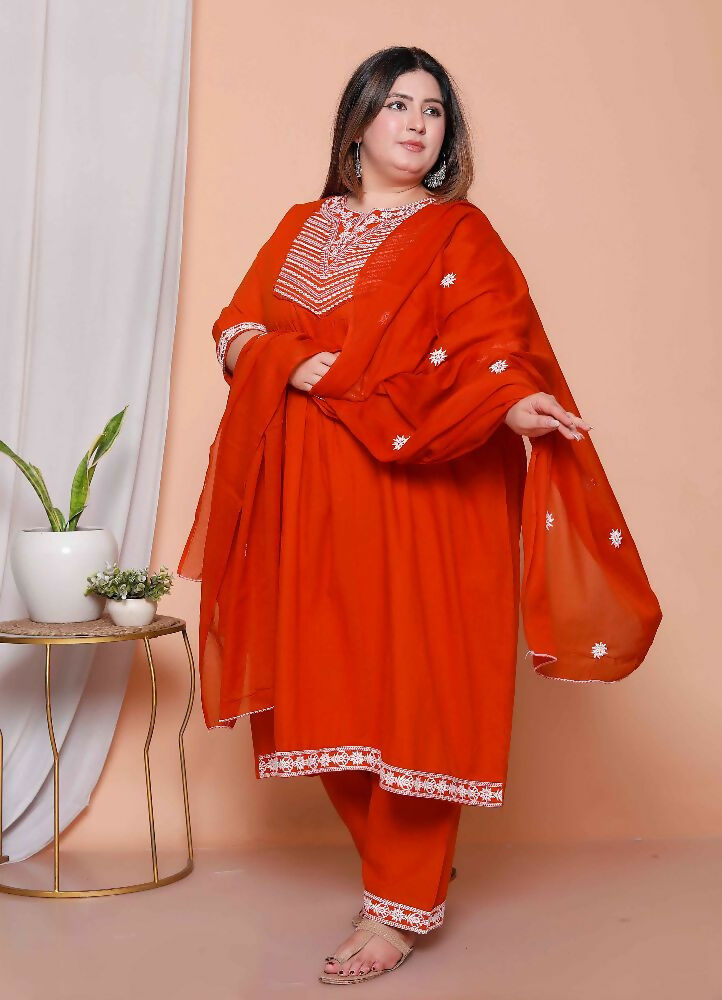 Miravan Womens Plus Size Floral Embroidered Rust Straight Cotton Kurta & Palazzo With Dupatta Set - Distacart