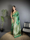 Joban Fashion Green Ethnic Floral Motifs Soft Lichi Silk Banarasi Saree - Distacart
